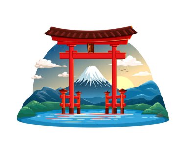 Torii Su Kapısı Dağ ve Gündoğumu Japon Manzarası Çizim Vektörü