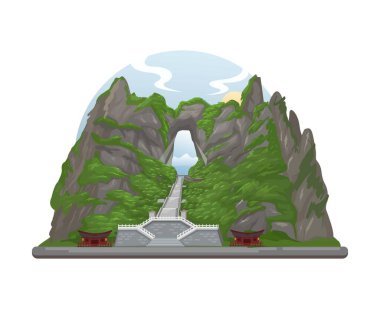 Zhangjiajie China 'daki Tianmen Dağı Ulusal Parkı' nın Cennet Kapısı Mağarası. Uçurumlar ve Doğal Kemer Vektörü İllüstrasyonuyla Manzaralı Dağ Merdiveni Manzarası