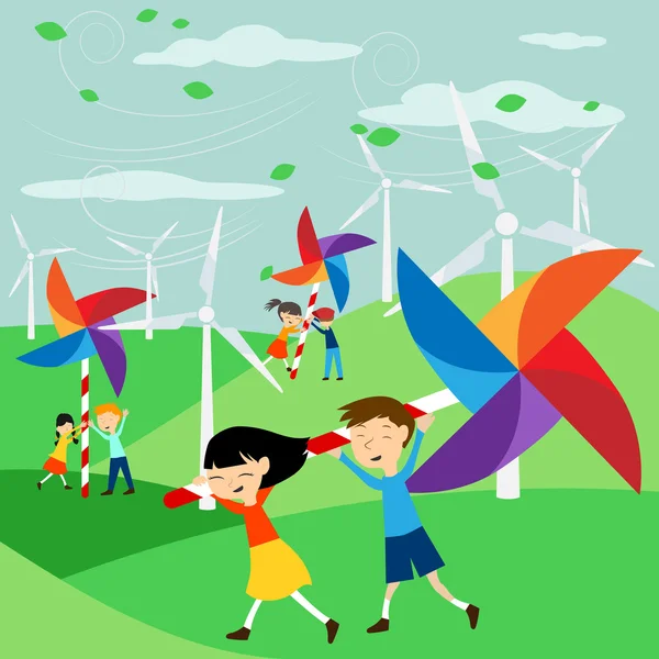 Rädda jorden - grön energi för barn - Illustration med e — Stock vektor