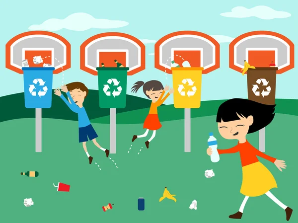 Dzieci recyklingu, grając w kosza z recyklingu bin ilustracji wektorowych — Wektor stockowy
