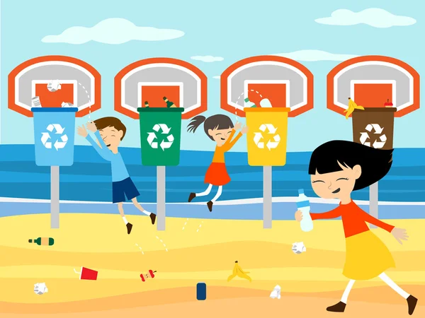 Los niños reciclan la limpieza de playa jugando en la cesta — Archivo Imágenes Vectoriales