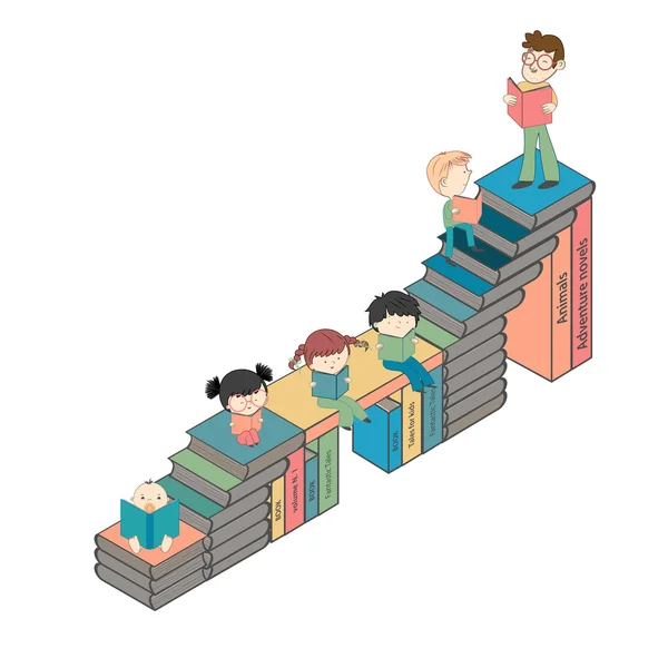 Lépcsők a sok gyermek olvasó-könyvek — Stock Vector