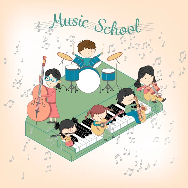 Crianças composição da escola de música com meninos e meninas tocando muitos instrumentos conjunto ilustração vetorial — Vetor de Stock