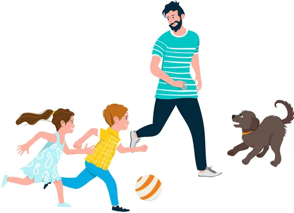 Glad far leker med barn och hund - vektor illustration isolerad på vit bakgrund — Stock vektor