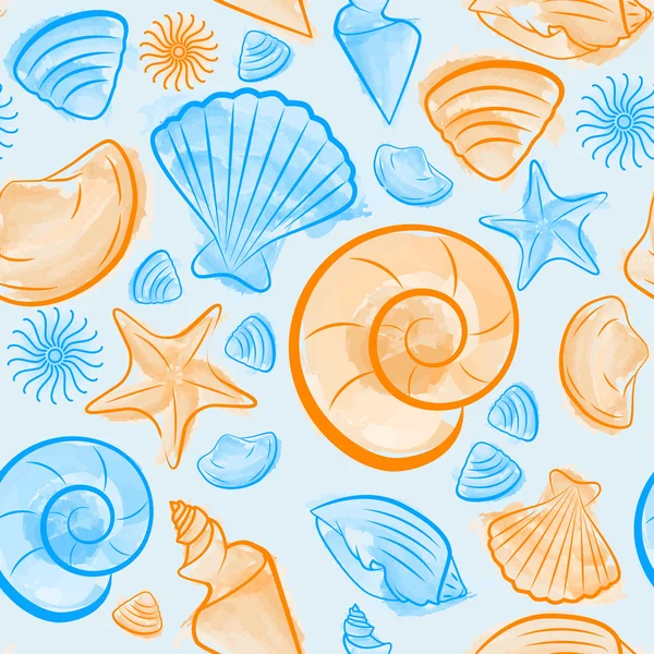 青とオレンジ色の貝殻でシームレスなパターン — ストックベクタ