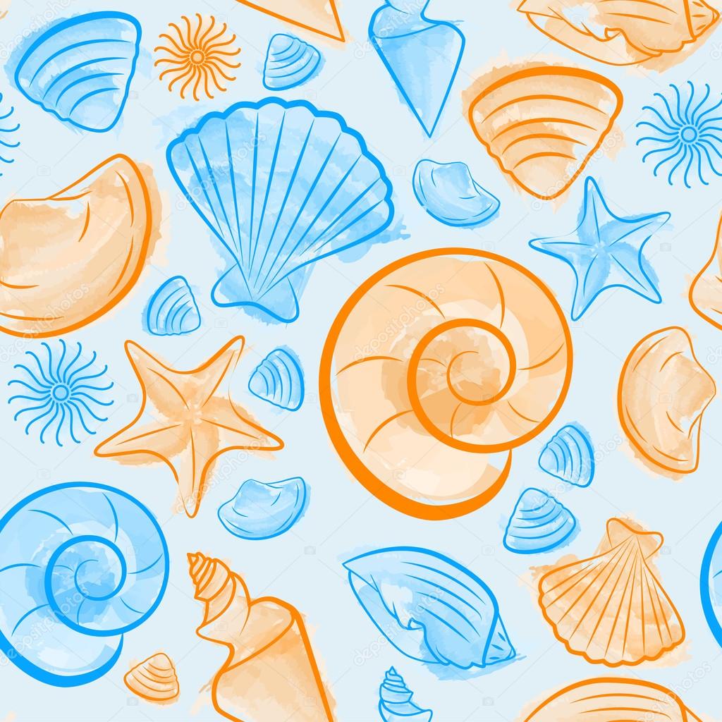 Seamless pattern with blue and orange seashells