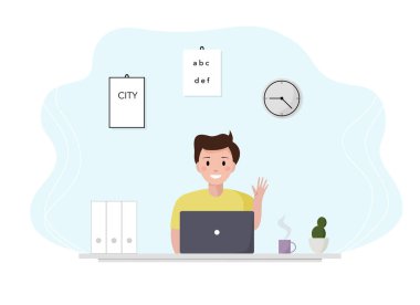 Adam çevrimiçi öğrenme kurslarını seviyor. Evde öğrenim online ve serbest. İniş sayfası için uygun vektör illüstrasyonu, ui, web sitesi, mobil uygulama, editör, poster, broşür, makale ve afiş. 