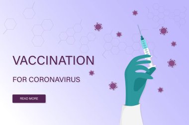 Koronavirüs için metin aşısı içeren vektör arkaplanı. Düz çizim. Coronavirus aşısı vektör geçmişi. Covid-19 Corona virüsü aşısı, bir el ve şırıngayla. Covid19 aşılama. 