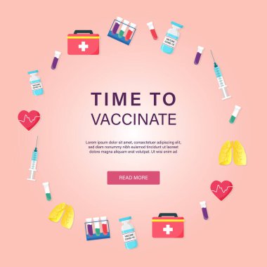 Şırınga, ilk yardım çantası, bir şişe aşı, test tüpü, akciğerler, kalp içeren Covid-19 Corona virüs aşı posteri. Covid19 aşılama. Koronavirüs konsept vektör arkaplanı aşısı.