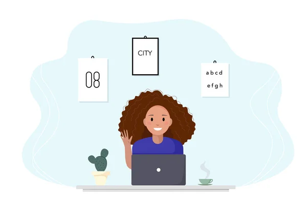 Vrouw zit op een laptop en studeert online. Vrouw begroet een leraar via online communicatie. Platte ontwerp concept van online onderwijs, opleiding en cursussen, leren, video-tutorials. Vectorillustratie — Stockvector