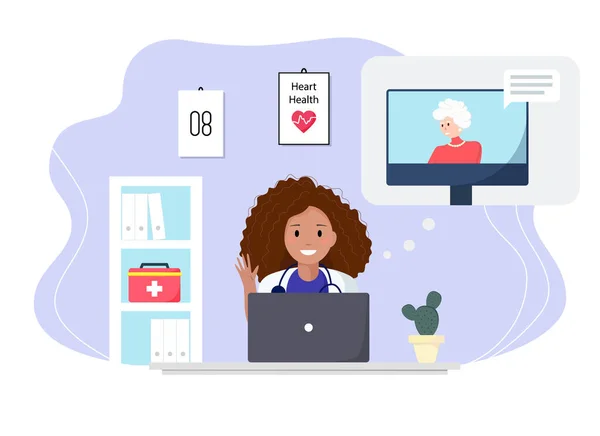 Лікар консультує пацієнта через комп'ютер у кабінеті. Старша жінка консультує лікаря онлайн, використовуючи свій комп'ютер вдома, телемедицину та концепцію онлайн-лікаря. Векторні ілюстрації . — стоковий вектор