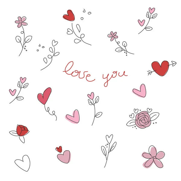 Ensemble de fleurs et de cœurs à l'écriture. — Image vectorielle