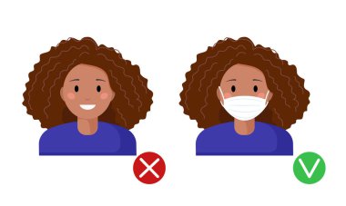 Maske gerekli. Maske takmadan giremezsin. Siyah Afro-Amerikan kadın avatar, tıbbi maskeli ya da maskesiz. Koruyucu maskelerin nasıl takılacağını. Düz biçimli vektör illüstrasyonu.