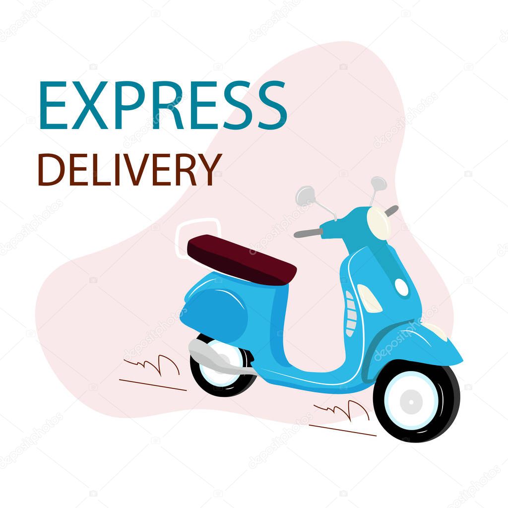 Blue motorbike with text Express delivery. Delivery service. Fast shipment concept. Flat vector illustration. Blue scooter on white background. Pizza, food, flowers delivery concept. Editable EPS 10.