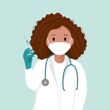 Doktor ya da hemşire elinde şırınga tutuyordu. Çocuk aşılama. Covid19 aşılama. Covid-19 Corona virüs aşısı. Coronavirus. Aşı konsepti vektör düz illüstrasyon.
