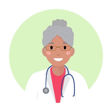 Gözlüklü ve steteskoplu siyah doktor ya da beyaz önlüklü hemşire. Afrikalı Amerikalı hemşire ya da hekim kadın profesyonel avatar, siluet, profil, web sitesi için kadın simgesi, uygulama