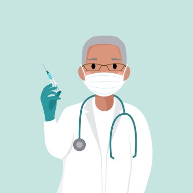 Elinde şırınga tutan koruyucu tıbbi maskeli bir doktor ya da terapist. Çocuk aşılama. Covid19 aşılama. Covid-19 Corona virüs aşısı. Coronavirus. Aşı konsepti vektör düz illüstrasyon.