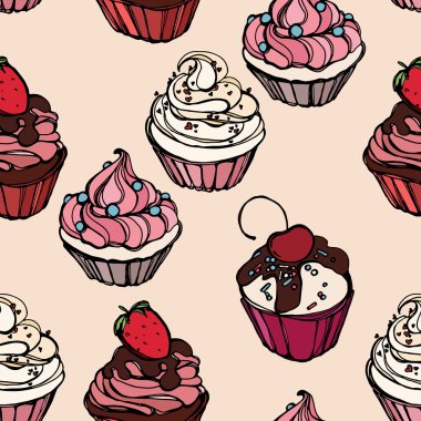 Cupcakes tatlılar Dikişsiz desen doodle