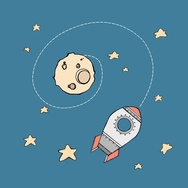 Bonito doodle planetas, foguetes e estrelas — Vetor de Stock