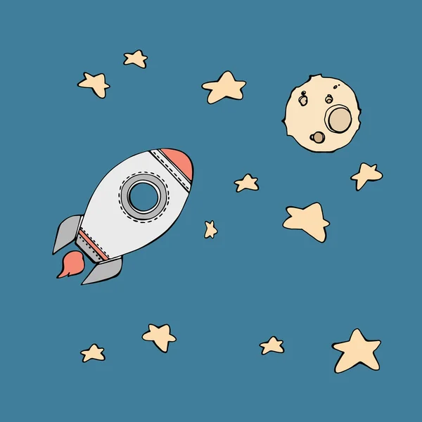 Planètes doodle mignon, fusées et étoiles — Image vectorielle