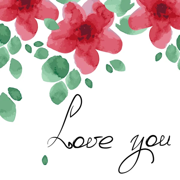 Amo você cartão com flores aquarela — Vetor de Stock