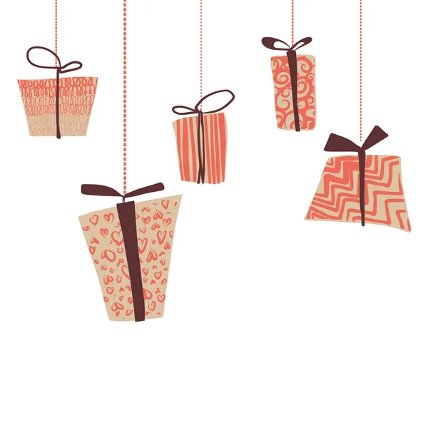 Greeting card with presents hanging on ropes — Stock Vector