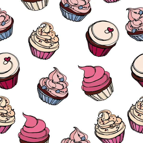 Cupcakes γλυκά χωρίς συγκόλληση doodle μοτίβο — Διανυσματικό Αρχείο