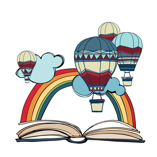 Libro con globos de aire caliente y arco iris Vector De Stock