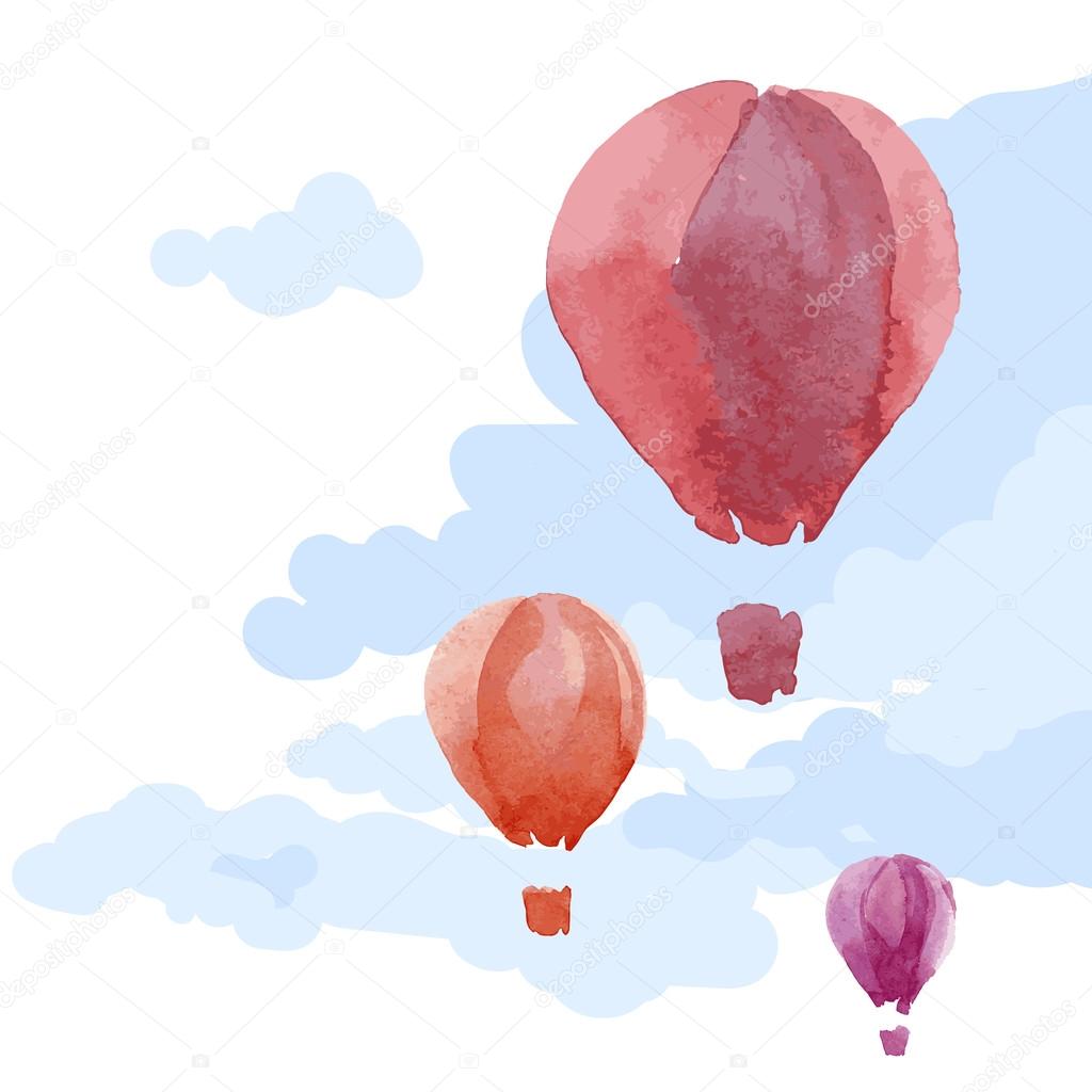 Watercolor hot air balloons in sky