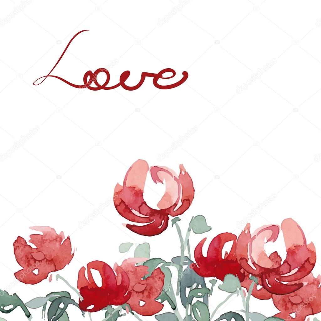 Love you card with watercolor flowers