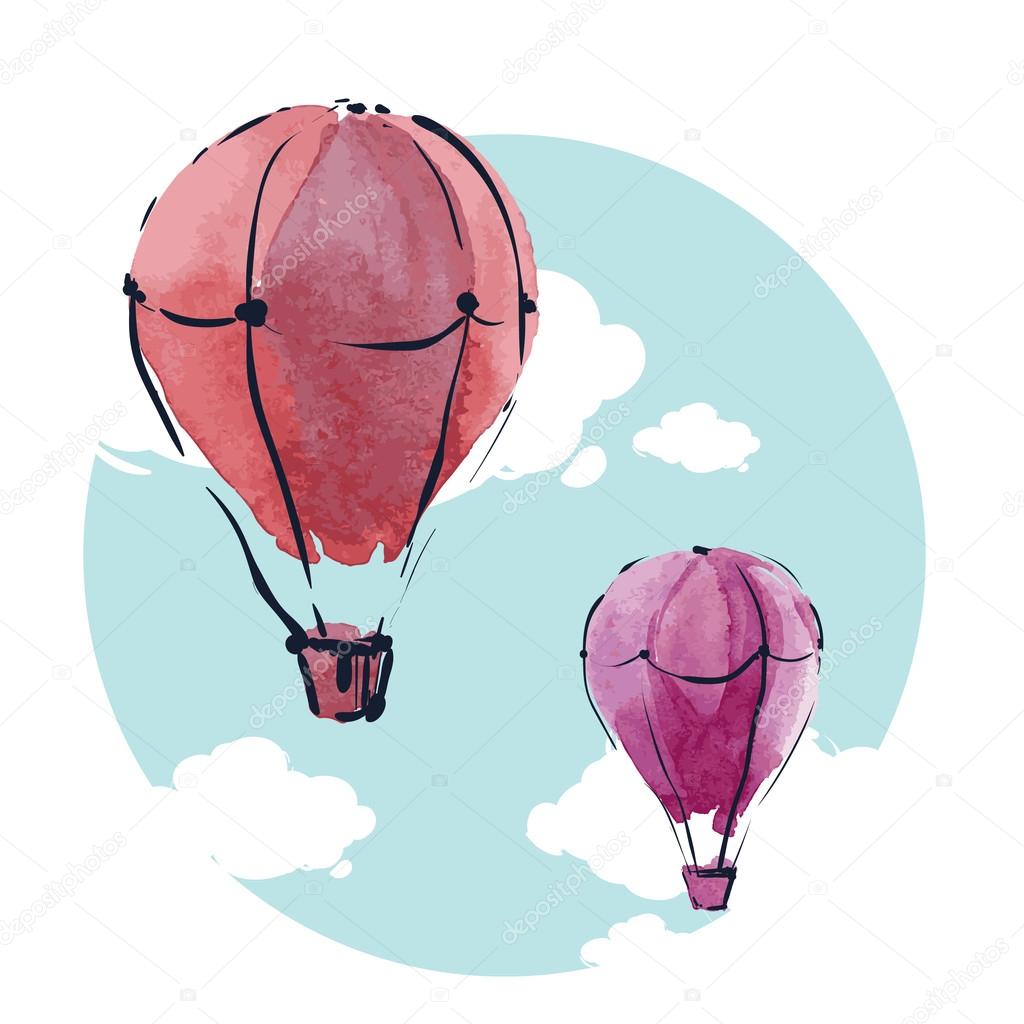 Watercolor hot air balloons in sky