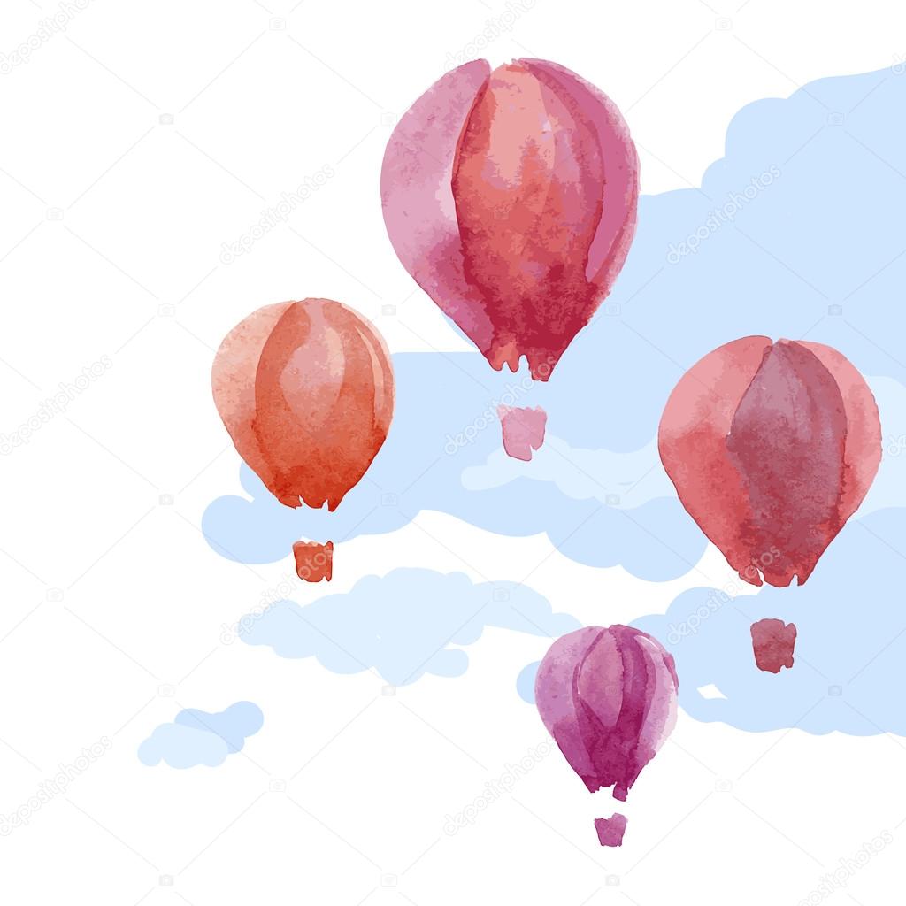 Watercolor hot air balloons in sky