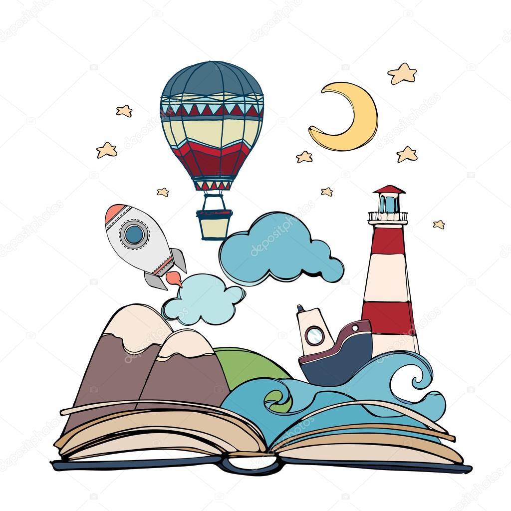 Open book with rocket and air balloon