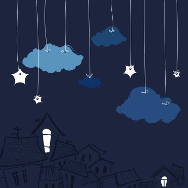 Gece şehir yıldızlar ve bulutlar ile
