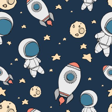seamless background with cute doodle astronauts clipart