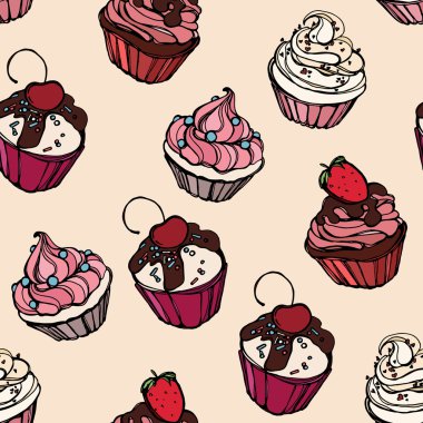 Cupcakes tatlılar Dikişsiz desen doodle