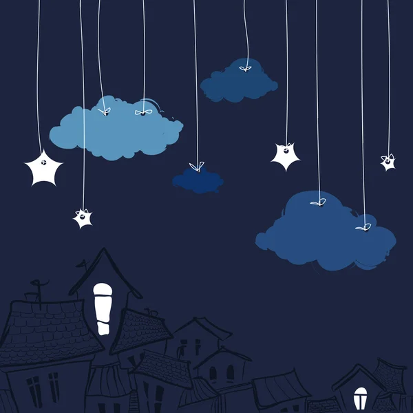 Ciudad nocturna con estrellas y nubes — Vector de stock