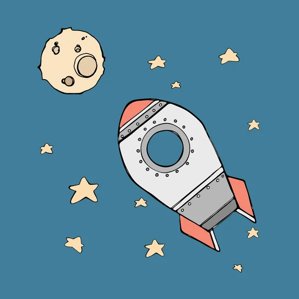 Lindo doodle planetas, cohetes y estrellas — Vector de stock