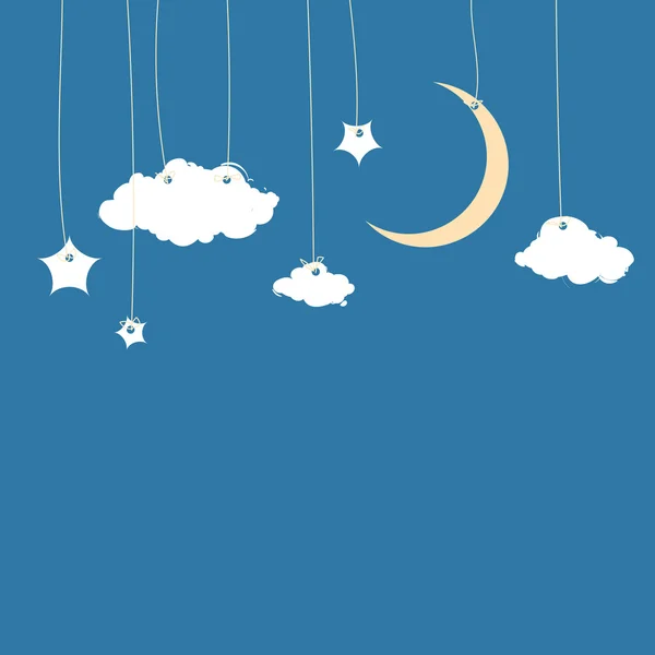 Cielo nocturno con luna, estrellas y nubes — Vector de stock