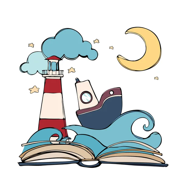 Buch aufschlagen mit Boot und Leuchtturm — Stockvektor