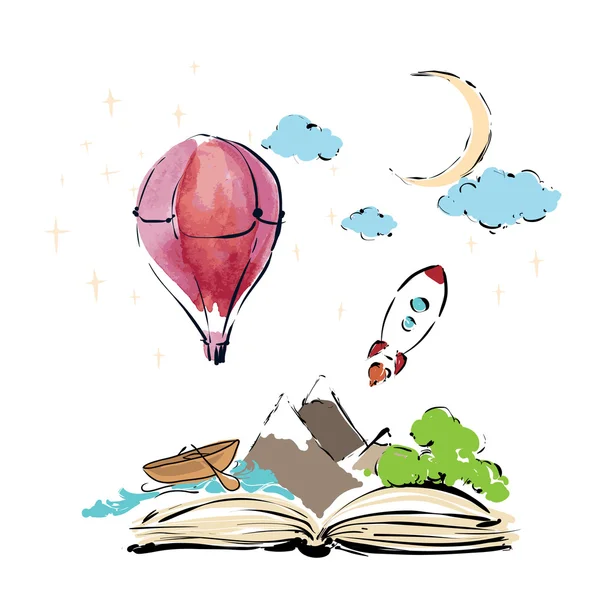 Offenes Buch mit Rakete und Luftballon — Stockvektor