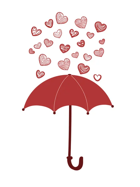 Parapluie rouge et pluie de cœurs — Image vectorielle