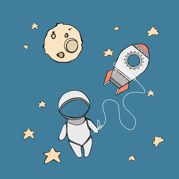 Roztomilý ručně tažené astronaut s raketou — Stockový vektor