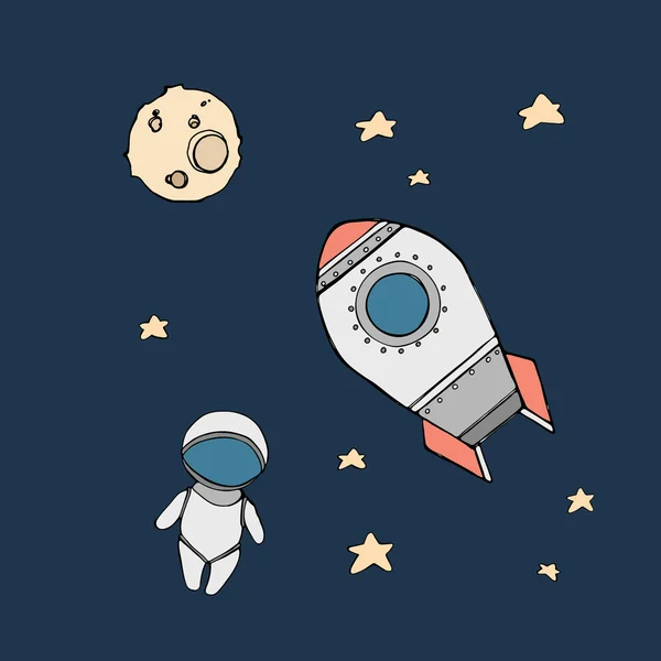 Mão bonito desenhado astronauta com foguete — Vetor de Stock