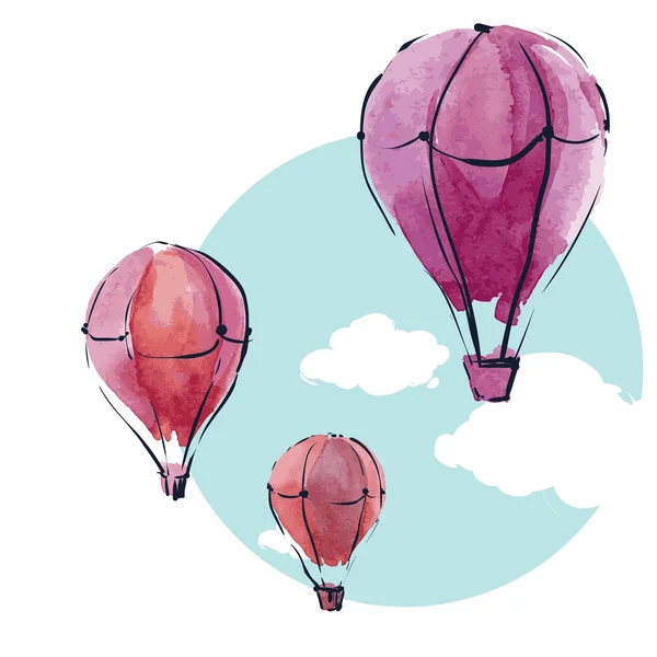 Hete lucht ballonnen in hemel met wolken — Stockvector