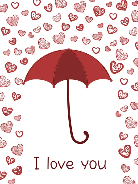 Carte romantique avec parapluie et coeurs — Image vectorielle