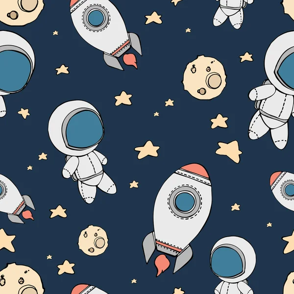 Fundo sem costura com bonito doodle astronautas — Vetor de Stock