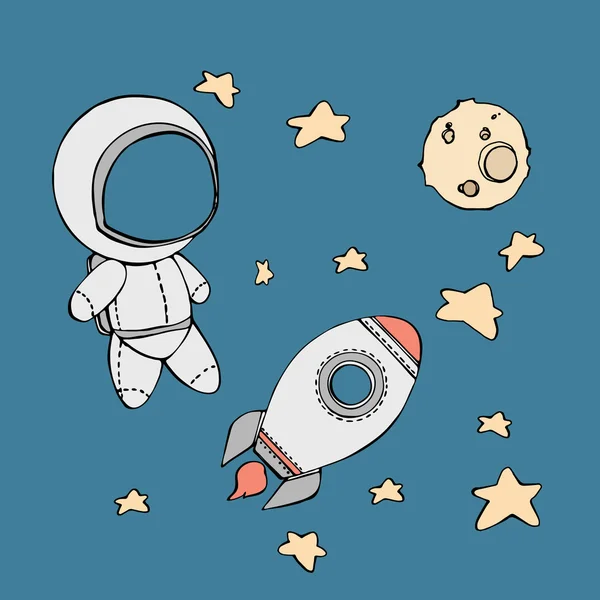 Mão bonito desenhado astronauta com foguete — Vetor de Stock