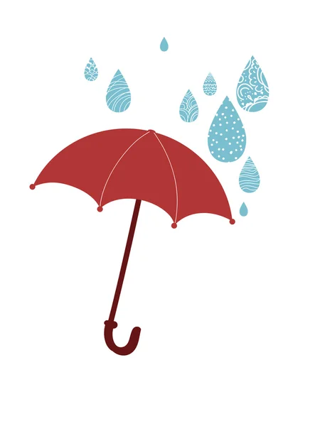 Paraguas rojo abierto y lluvia — Vector de stock