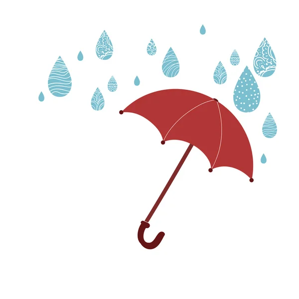 Paraguas rojo abierto y lluvia — Vector de stock